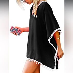 Black Swimsuit Cover-Up with White Pom-Pom Trim, Dolman Sleeves, One Size